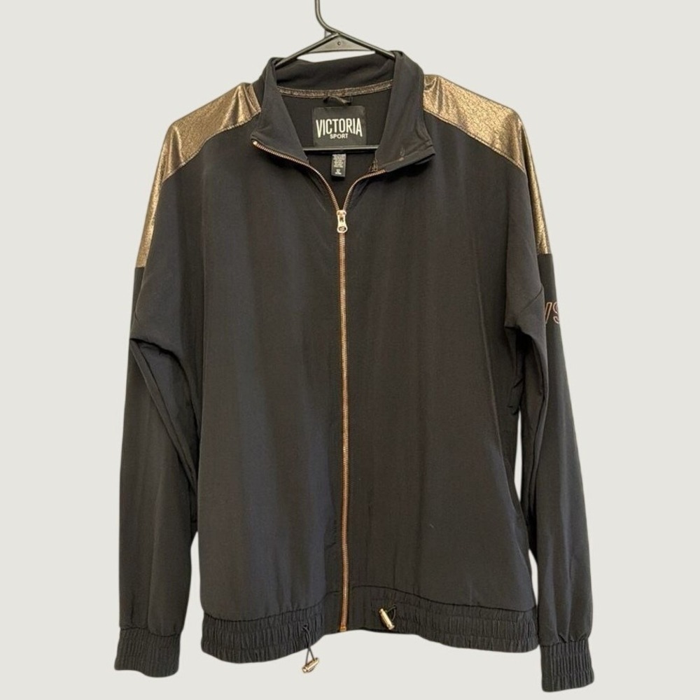Victoria Sport Track Jacket Small Metallic Gold Foil Full Zip Athleisure Black